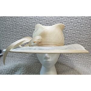Marzi Natural Wide Brim Straw Hat OS Neiman Marcus Bow Asymmetric Chin Strap